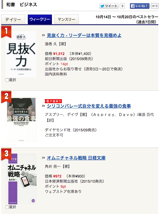 紀伊國屋書店全店の週間ランキングで「オムニチャネル戦略」第３位