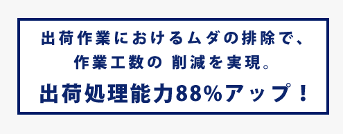 出荷作業におけるムダの排除で、作業工数の 削減を実現。出荷処理能力88%アップ！